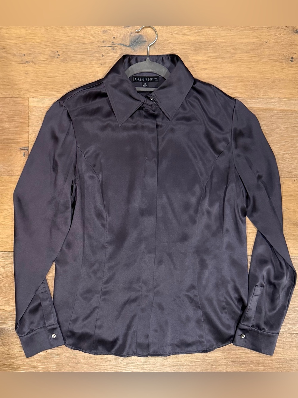 LAFAYETTE 148 Women’s Silk Charcoal Grey Button Down Seamed Blouse Size 12